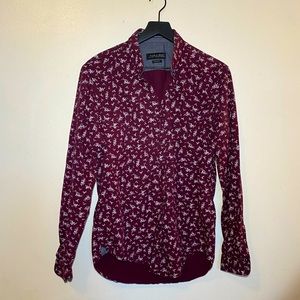 Burgundy Zara Man Size Large Slim-Fit Button-Down Shirt With Floral Pattern